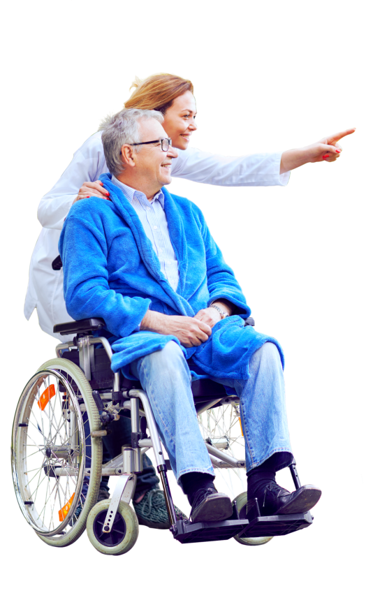 female caregiver assisting senior man on wheelchair